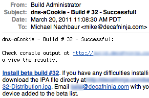 Sample “Build Success” email that beta testers receive