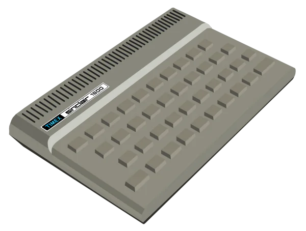 An image of the Timex Sinclair 1500, a small white box with a rubber keyboard.
